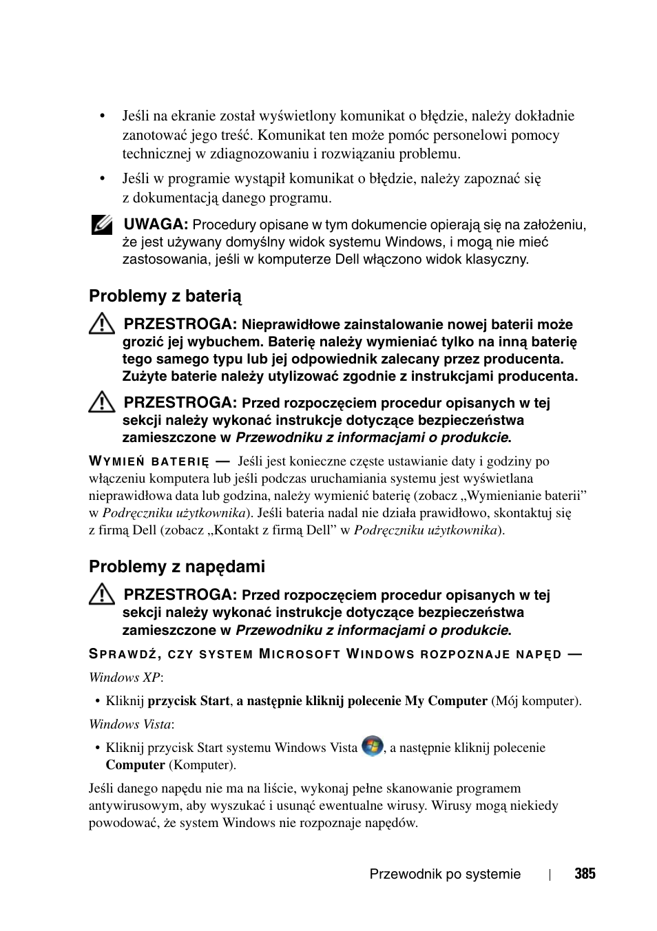 Problemy z baterią, Problemy z napędami, Problemy z bateri | Problemy z nap, Ędami | Dell Precision T3400 User Manual | Page 385 / 608