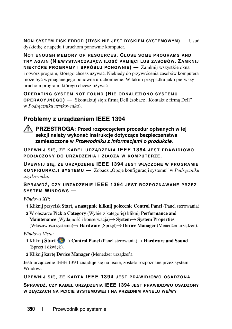 Problemy z urządzeniem ieee 1394, Problemy z urz, Ądzeniem ieee 1394 | Problemy z urz ą dzeniem ieee 1394 | Dell Precision T3400 User Manual | Page 390 / 608