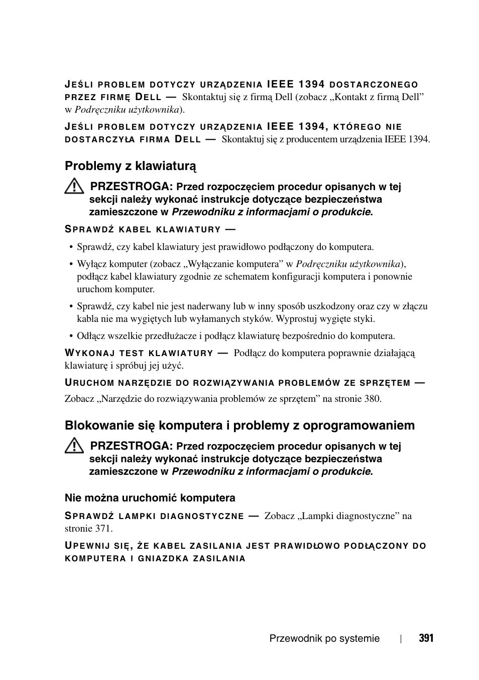 Problemy z klawiaturą, Problemy z klawiatur, Blokowanie si | Ę komputera i problemy, Z oprogramowaniem, Problemy z klawiatur ą | Dell Precision T3400 User Manual | Page 391 / 608