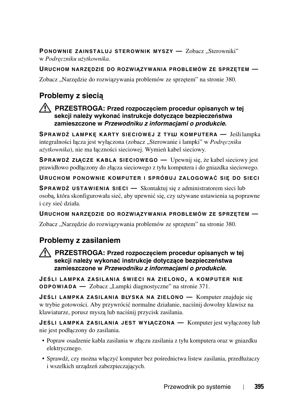 Problemy z siecią, Problemy z zasilaniem, Problemy z sieci | Problemy z sieci ą | Dell Precision T3400 User Manual | Page 395 / 608