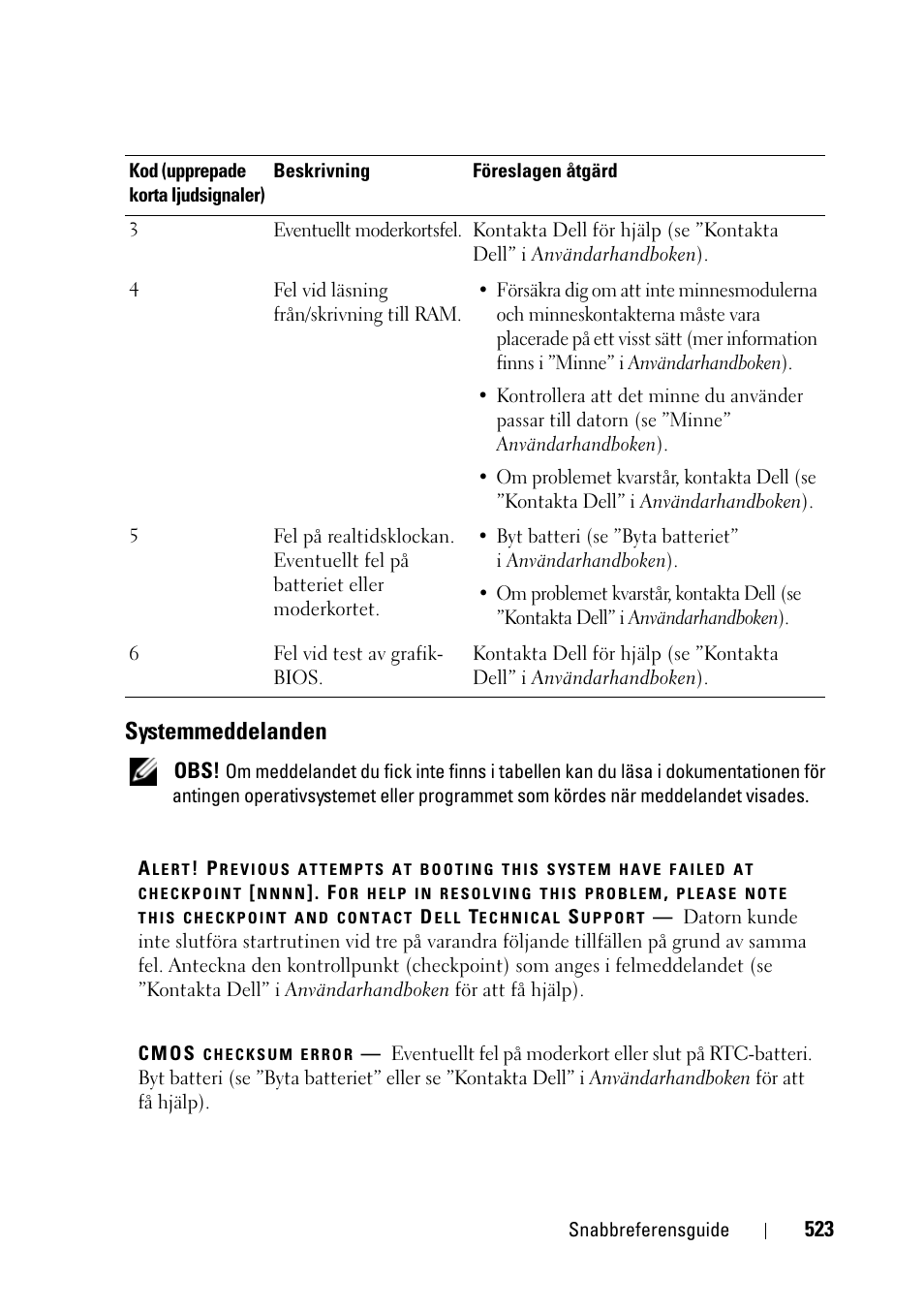 Systemmeddelanden | Dell Precision T3400 User Manual | Page 523 / 608