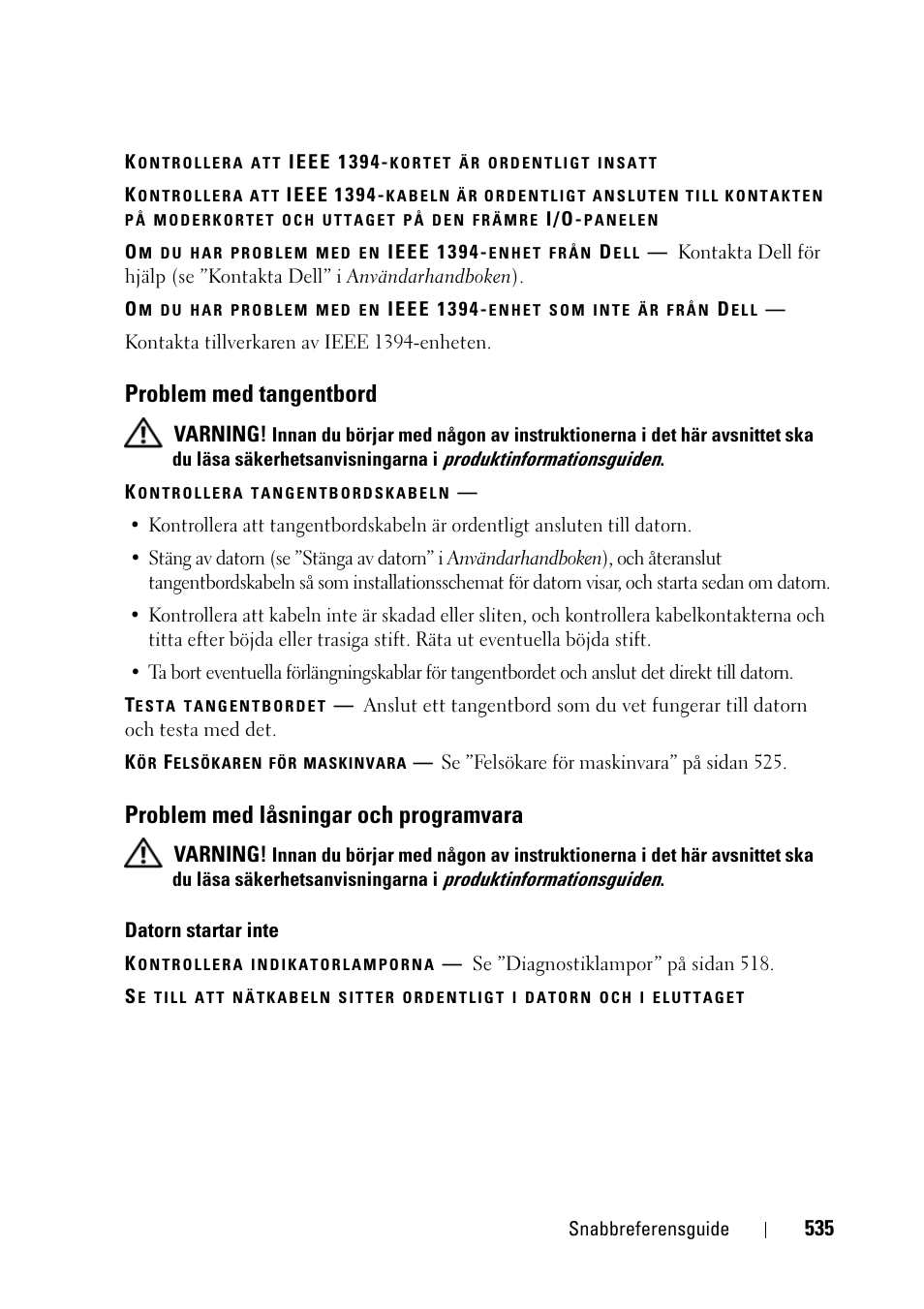 Problem med tangentbord, Problem med låsningar och programvara | Dell Precision T3400 User Manual | Page 535 / 608