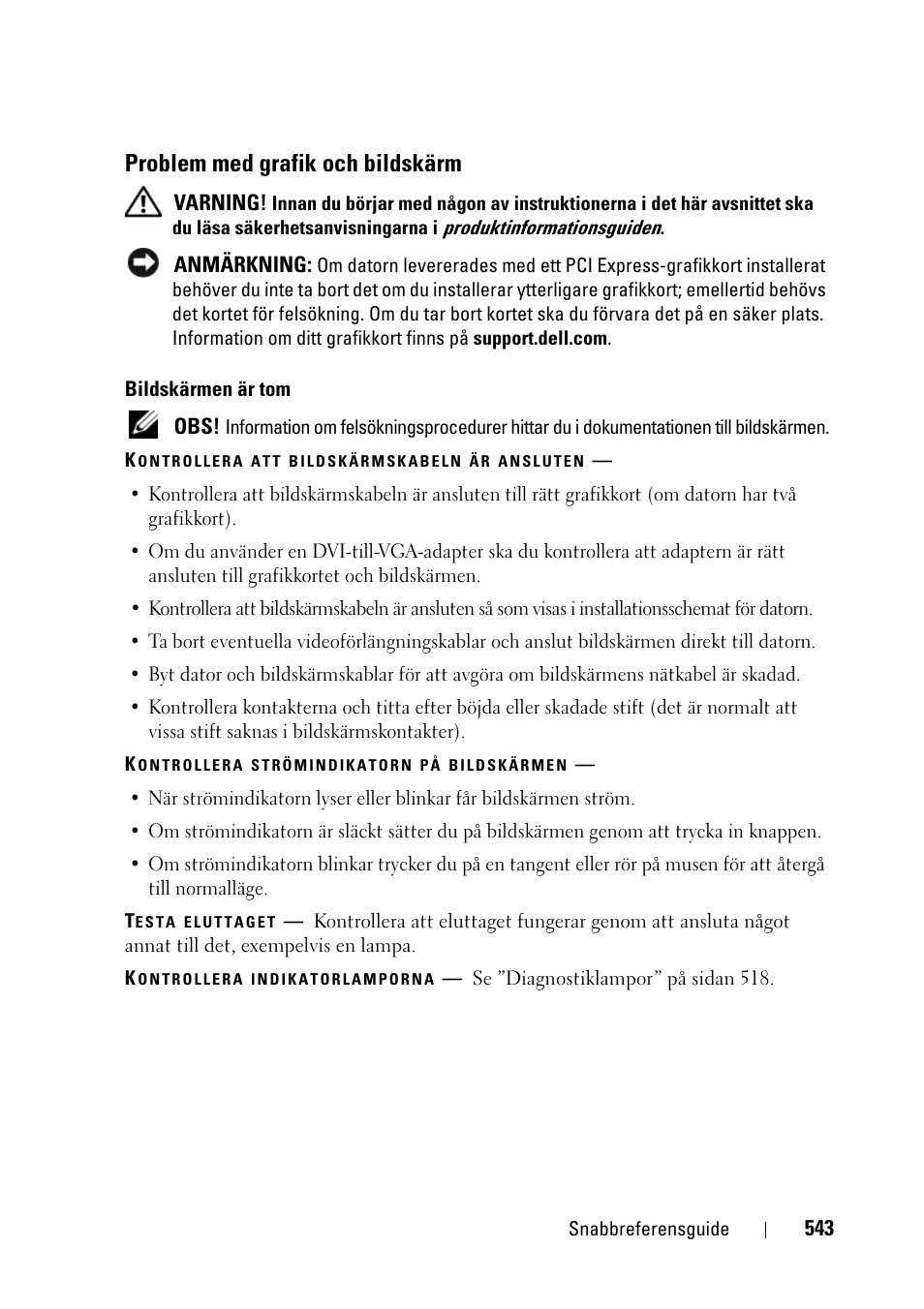 Problem med grafik och bildskärm | Dell Precision T3400 User Manual | Page 543 / 608