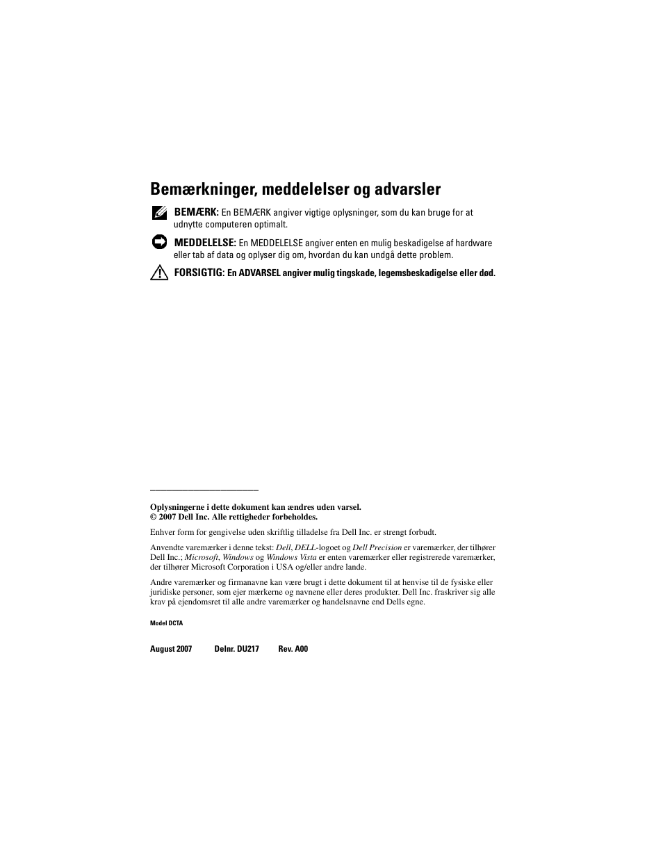 Bemærkninger, meddelelser og advarsler | Dell Precision T3400 User Manual | Page 68 / 608