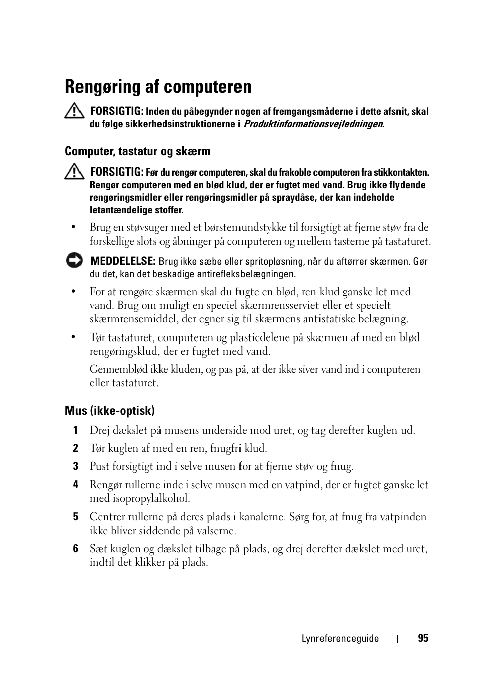 Rengøring af computeren, Computer, tastatur og skærm, Mus (ikke-optisk) | Dell Precision T3400 User Manual | Page 95 / 608