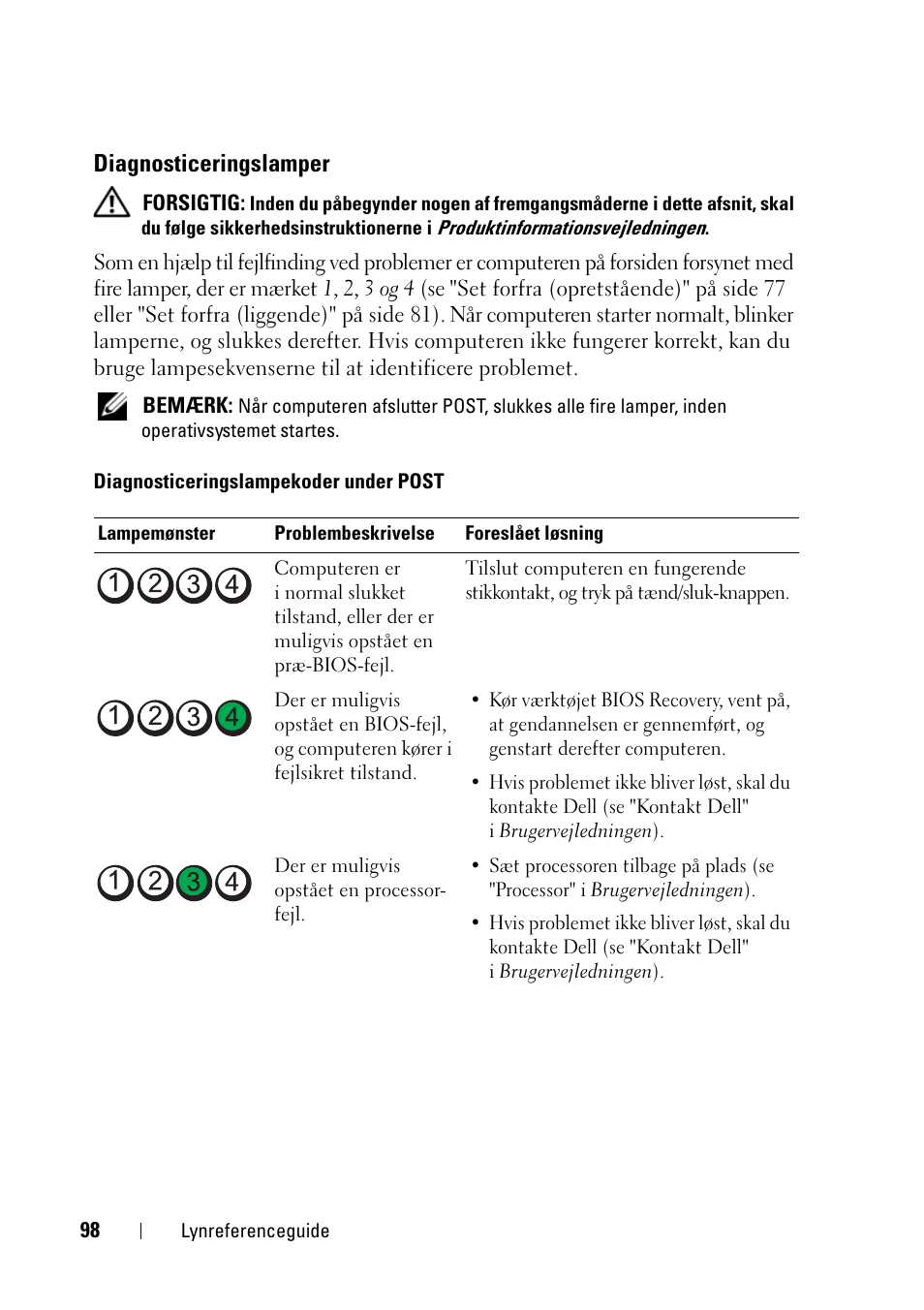 Diagnosticeringslamper | Dell Precision T3400 User Manual | Page 98 / 608