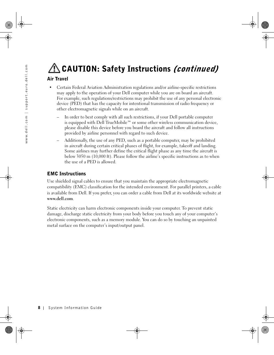 Air travel, Emc instructions, Caution: safety instructions (continued) | Dell Latitude X300 User Manual | Page 10 / 346