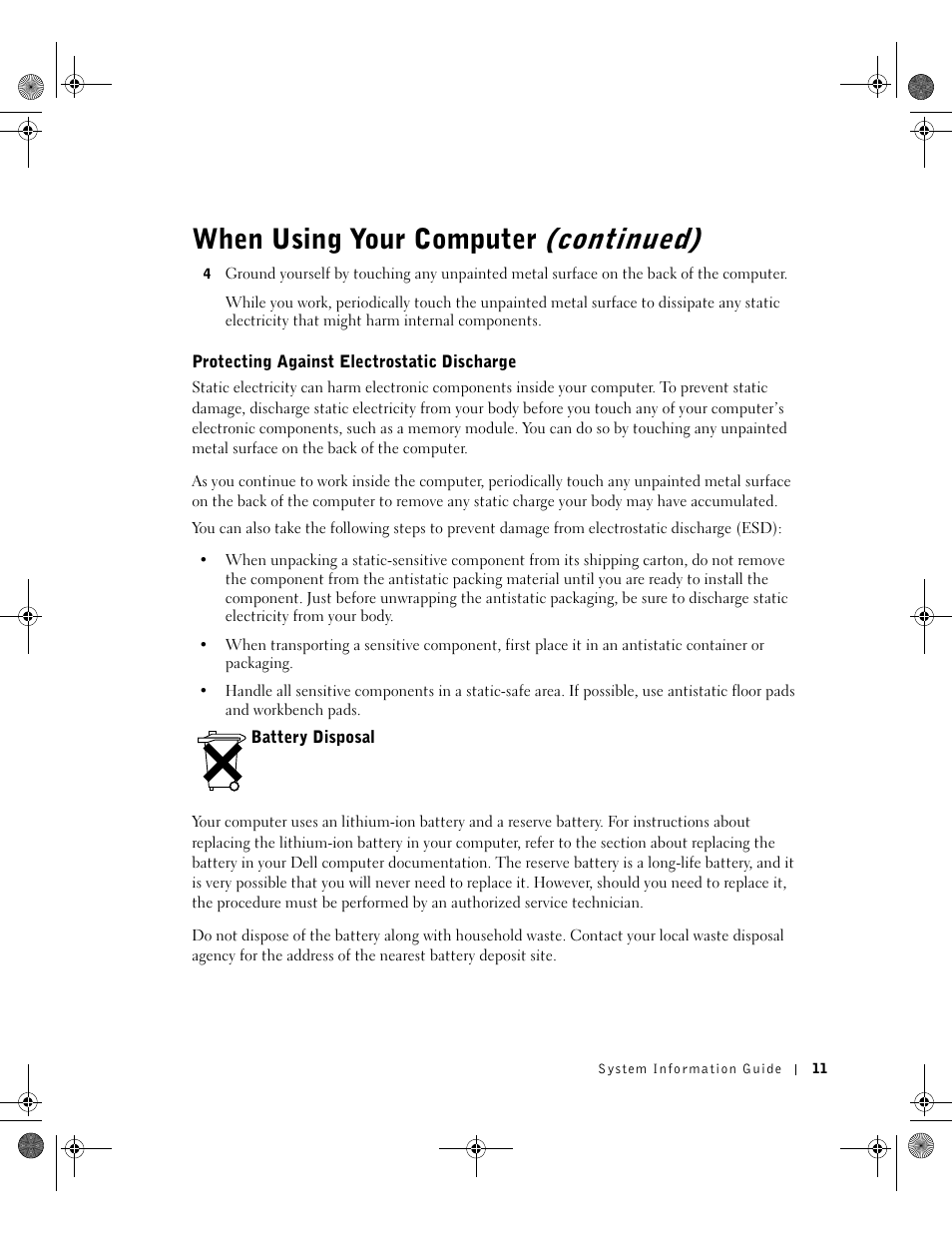 Protecting against electrostatic discharge, Battery disposal, When using your computer (continued) | Dell Latitude X300 User Manual | Page 13 / 346
