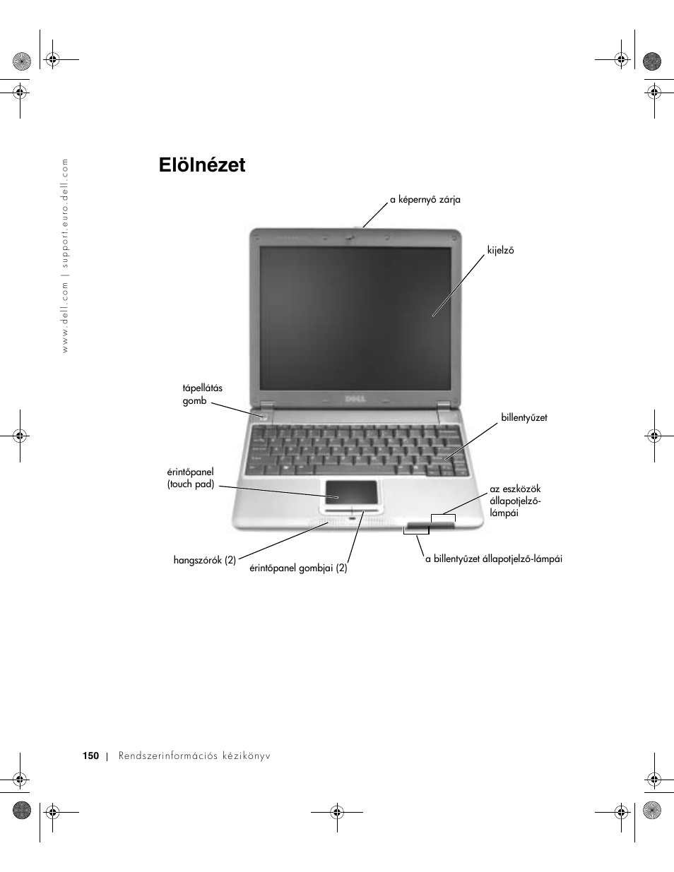 Elölnézet | Dell Latitude X300 User Manual | Page 152 / 346