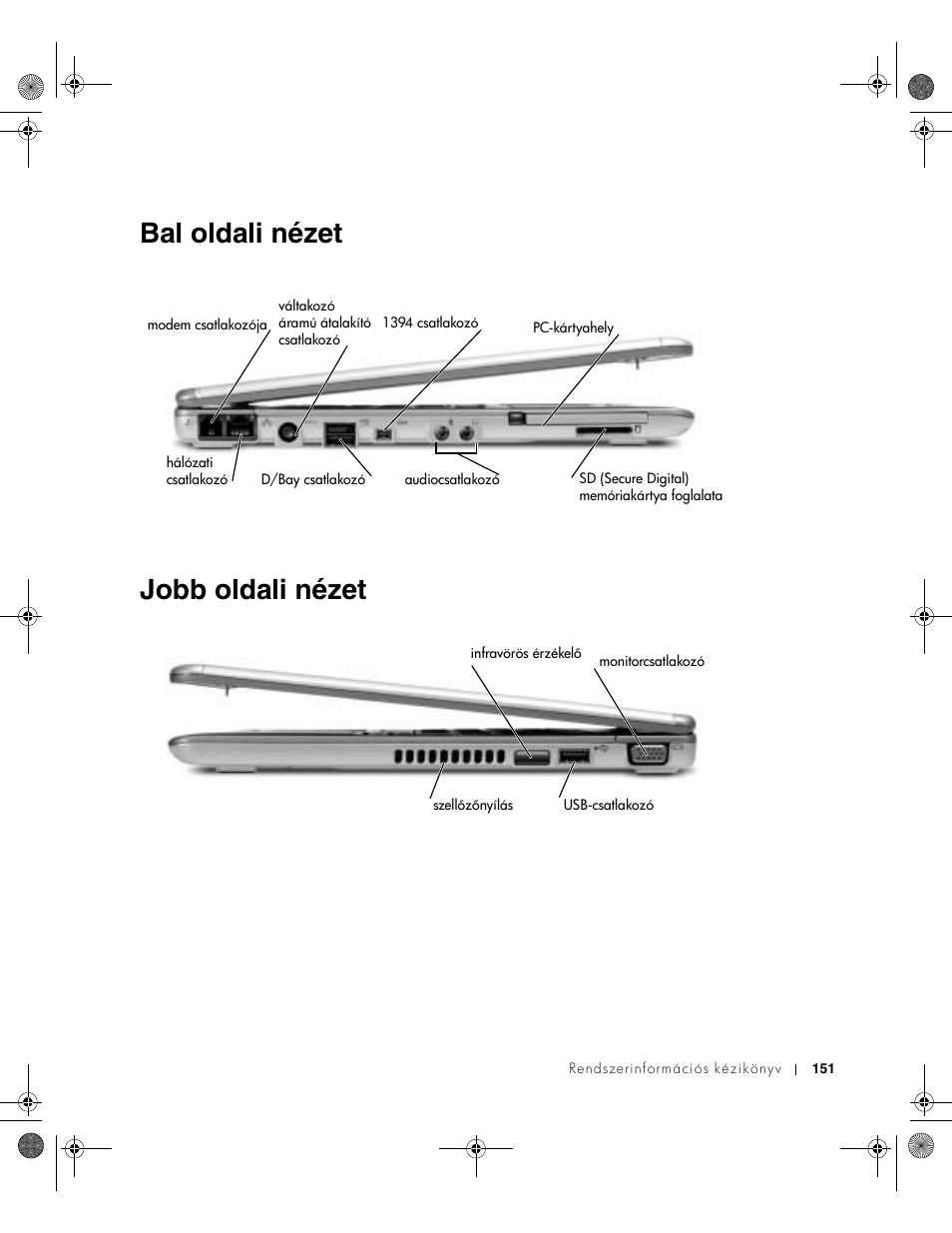 Bal oldali nézet, Jobb oldali nézet, Bal oldali nézet jobb oldali nézet | Dell Latitude X300 User Manual | Page 153 / 346