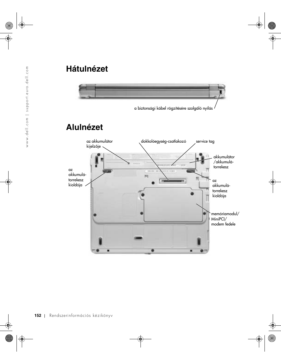 Hátulnézet, Alulnézet, Hátulnézet alulnézet | Dell Latitude X300 User Manual | Page 154 / 346