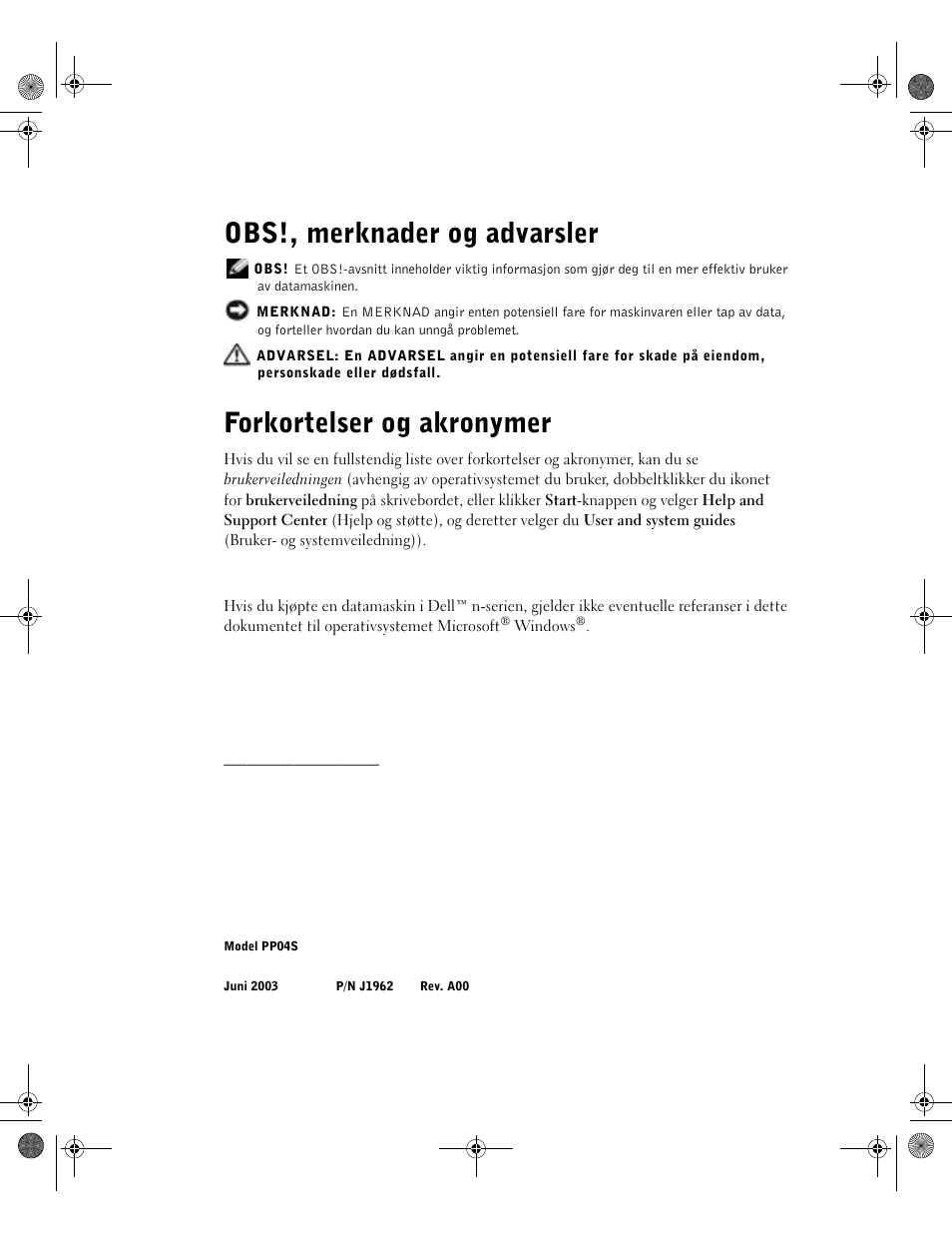 Obs!, merknader og advarsler, Forkortelser og akronymer | Dell Latitude X300 User Manual | Page 162 / 346