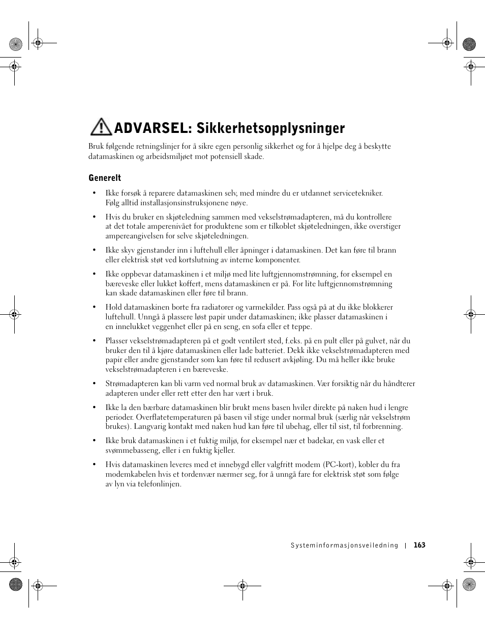 Advarsel: sikkerhetsopplysninger, Generelt | Dell Latitude X300 User Manual | Page 165 / 346