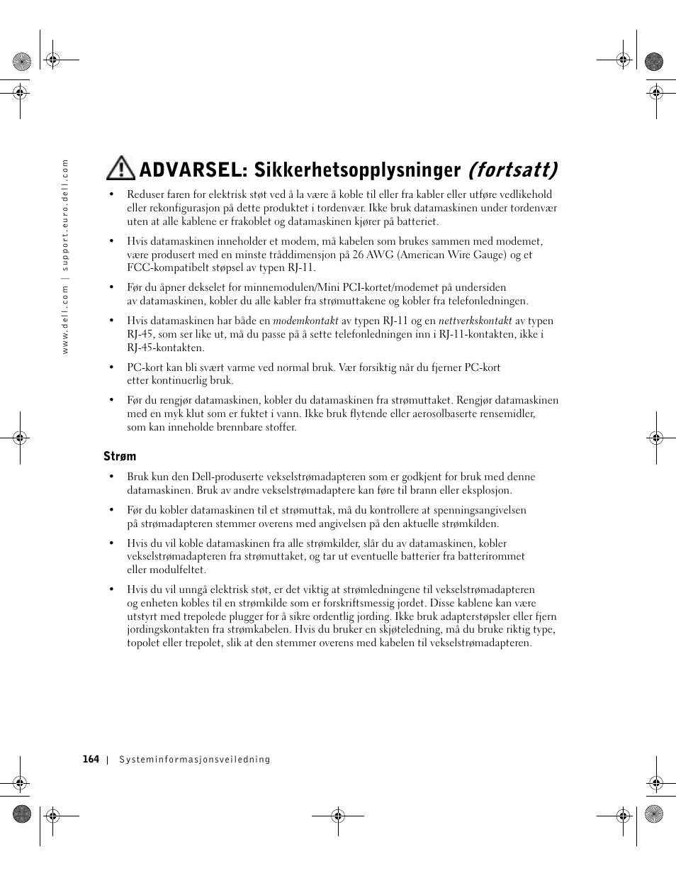 Strøm, Advarsel: sikkerhetsopplysninger (fortsatt) | Dell Latitude X300 User Manual | Page 166 / 346