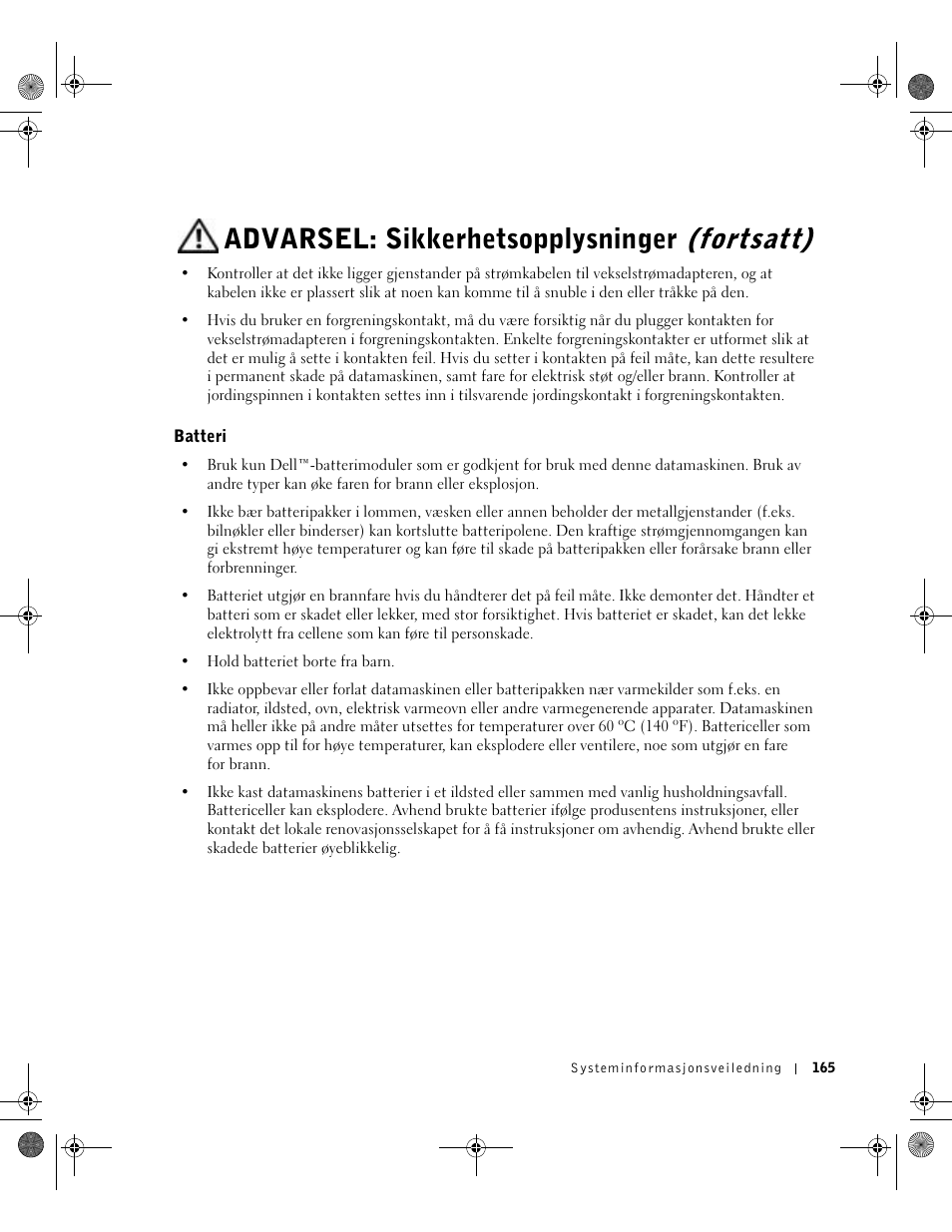 Batteri, Advarsel: sikkerhetsopplysninger (fortsatt) | Dell Latitude X300 User Manual | Page 167 / 346