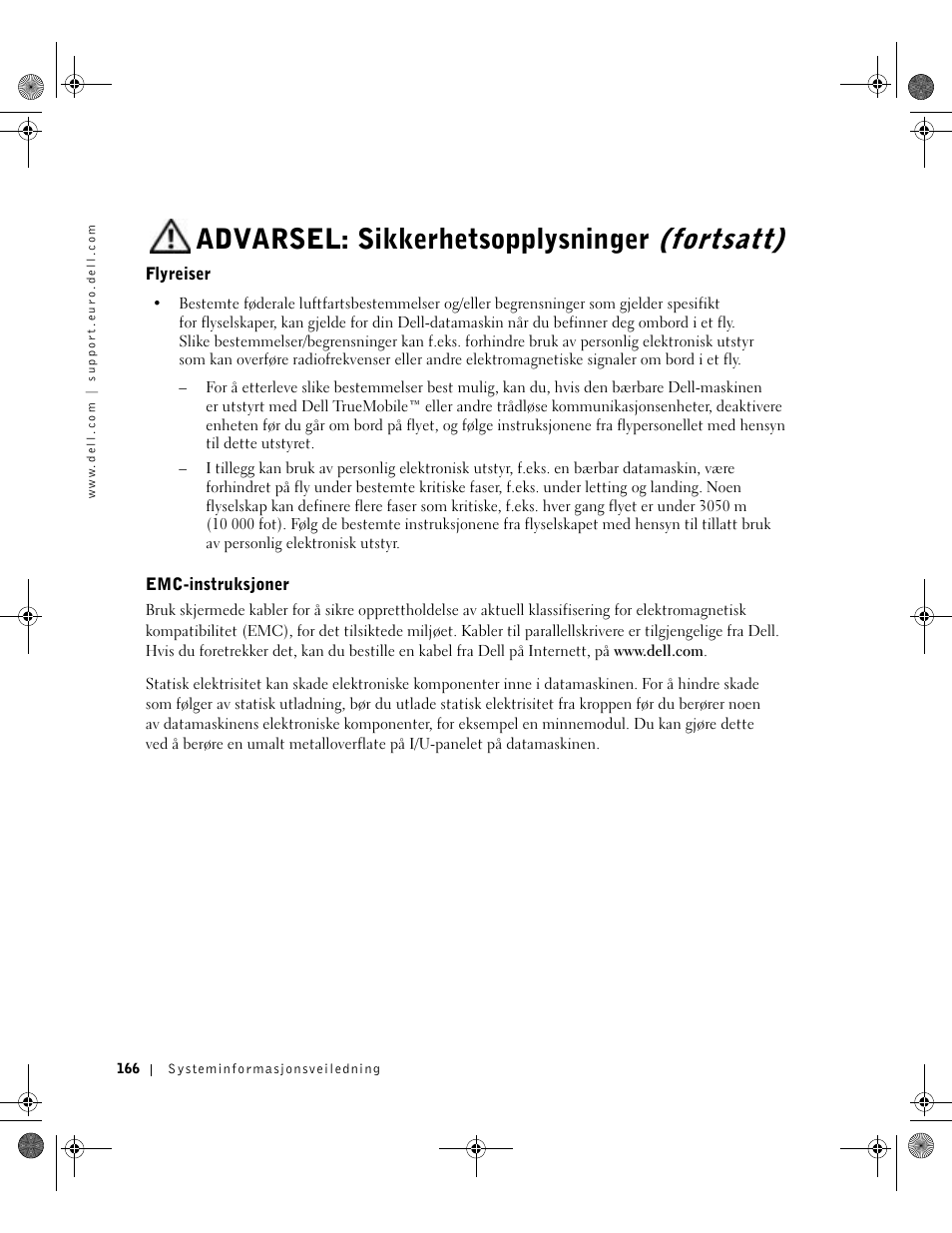 Flyreiser, Emc-instruksjoner, Advarsel: sikkerhetsopplysninger (fortsatt) | Dell Latitude X300 User Manual | Page 168 / 346