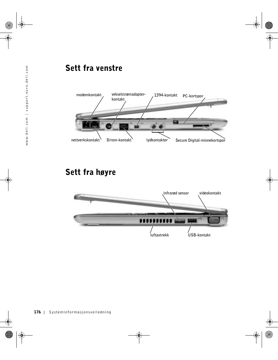 Sett fra venstre, Sett fra høyre, Sett fra venstre sett fra høyre | Dell Latitude X300 User Manual | Page 178 / 346