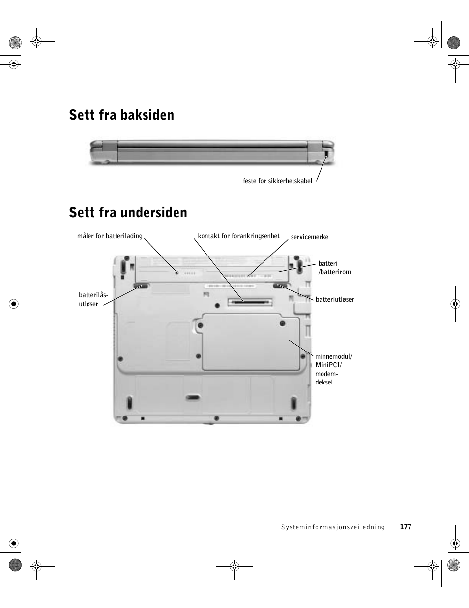 Sett fra baksiden, Sett fra undersiden, Sett fra baksiden sett fra undersiden | Dell Latitude X300 User Manual | Page 179 / 346