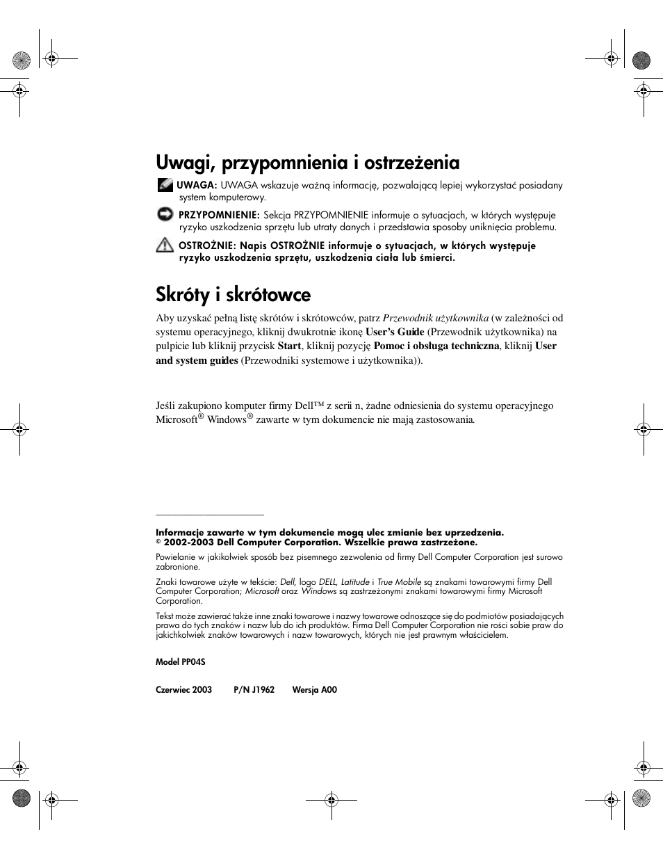 Uwagi, przypomnienia i ostrzeɥenia, Skróty i skrótowce | Dell Latitude X300 User Manual | Page 188 / 346