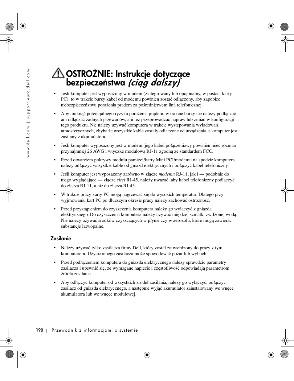 Zasilanie, Ciég dalszy), Ostroɦnie: instrukcje dotyczéce bezpieczeŀstwa | Dell Latitude X300 User Manual | Page 192 / 346