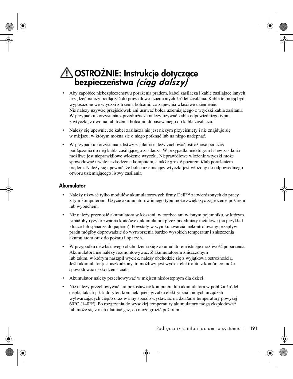 Akumulator, Ciég dalszy), Ostroɦnie: instrukcje dotyczéce bezpieczeŀstwa | Dell Latitude X300 User Manual | Page 193 / 346