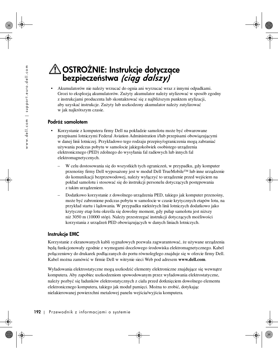 Podróź samolotem, Instrukcje emc, Podróɥ samolotem | Ciég dalszy), Ostroɦnie: instrukcje dotyczéce bezpieczeŀstwa | Dell Latitude X300 User Manual | Page 194 / 346