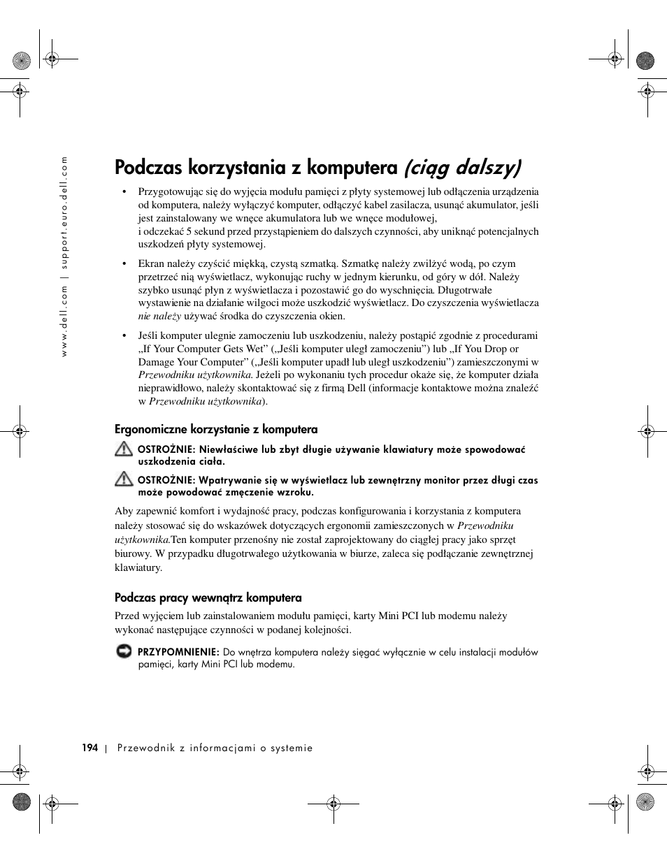 Ergonomiczne korzystanie z komputera, Podczas pracy wewntrz komputera, Podczas pracy wewnétrz komputera | Ciég dalszy), Podczas korzystania z komputera | Dell Latitude X300 User Manual | Page 196 / 346