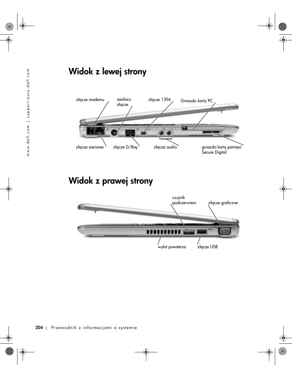 Widok z lewej strony, Widok z prawej strony, Widok z lewej strony widok z prawej strony | Dell Latitude X300 User Manual | Page 206 / 346