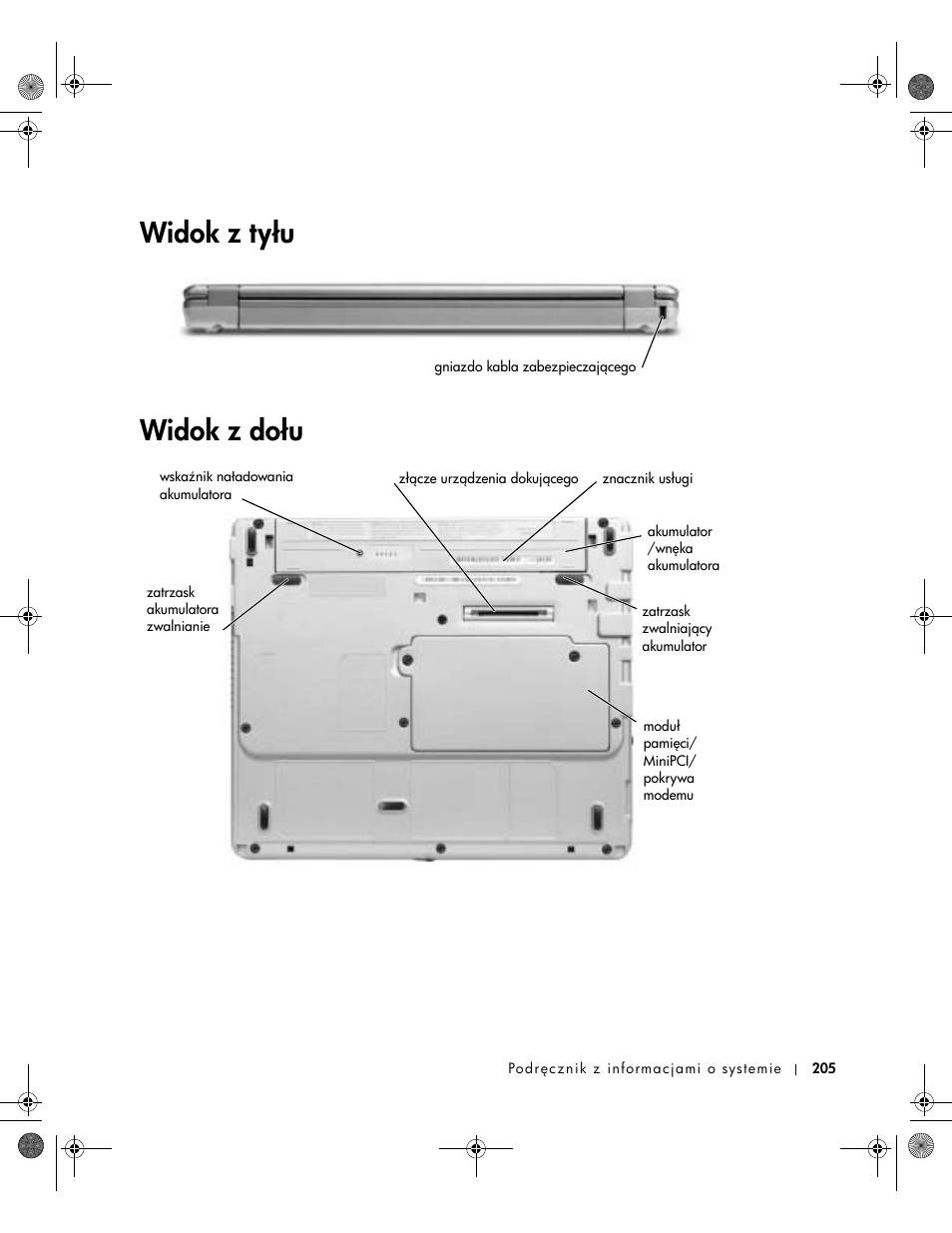 Widok z tyłu, Widok z dołu, Widok z tyłu widok z dołu | Dell Latitude X300 User Manual | Page 207 / 346