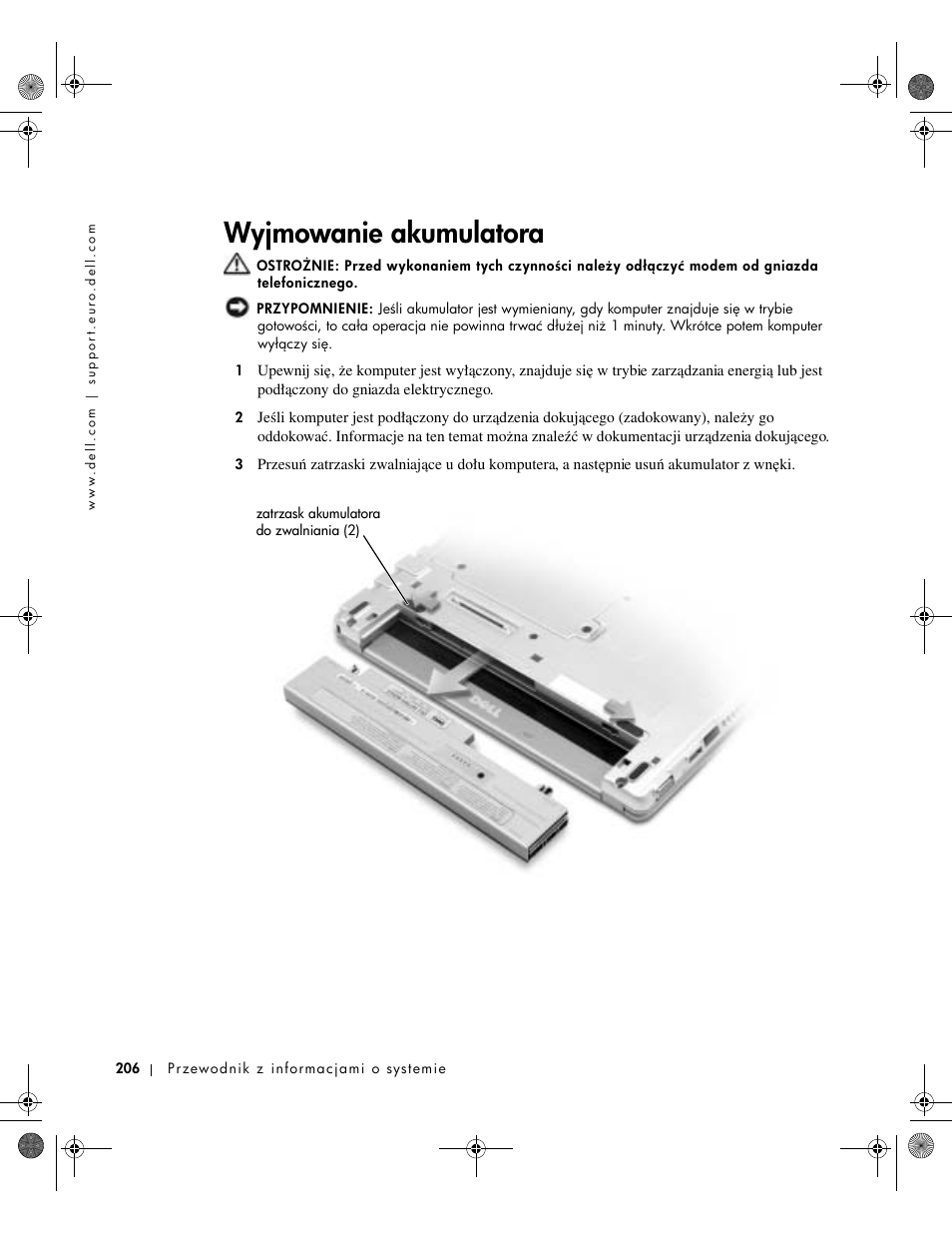 Wyjmowanie akumulatora | Dell Latitude X300 User Manual | Page 208 / 346