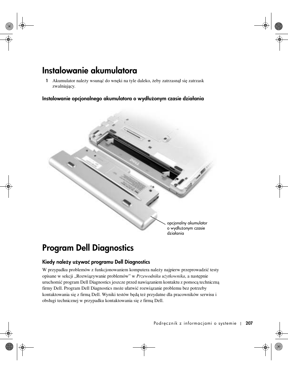Instalowanie akumulatora, Program dell diagnostics, Kiedy należy używać programu dell diagnostics | Kiedy naleɥy uɥywać programu dell diagnostics | Dell Latitude X300 User Manual | Page 209 / 346