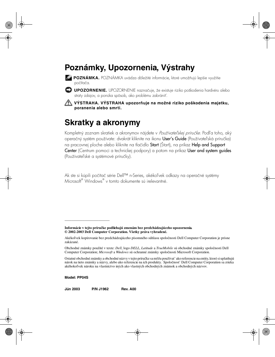 Poznámky, upozornenia, výstrahy, Skratky a akronymy | Dell Latitude X300 User Manual | Page 242 / 346
