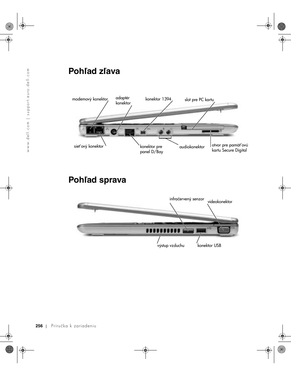 Pohľad zľava, Pohľad sprava, Pohľad zľava pohľad sprava | Dell Latitude X300 User Manual | Page 258 / 346