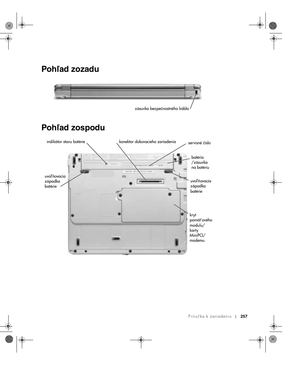 Pohľad zozadu, Pohľad zospodu, Pohľad zozadu pohľad zospodu | Dell Latitude X300 User Manual | Page 259 / 346