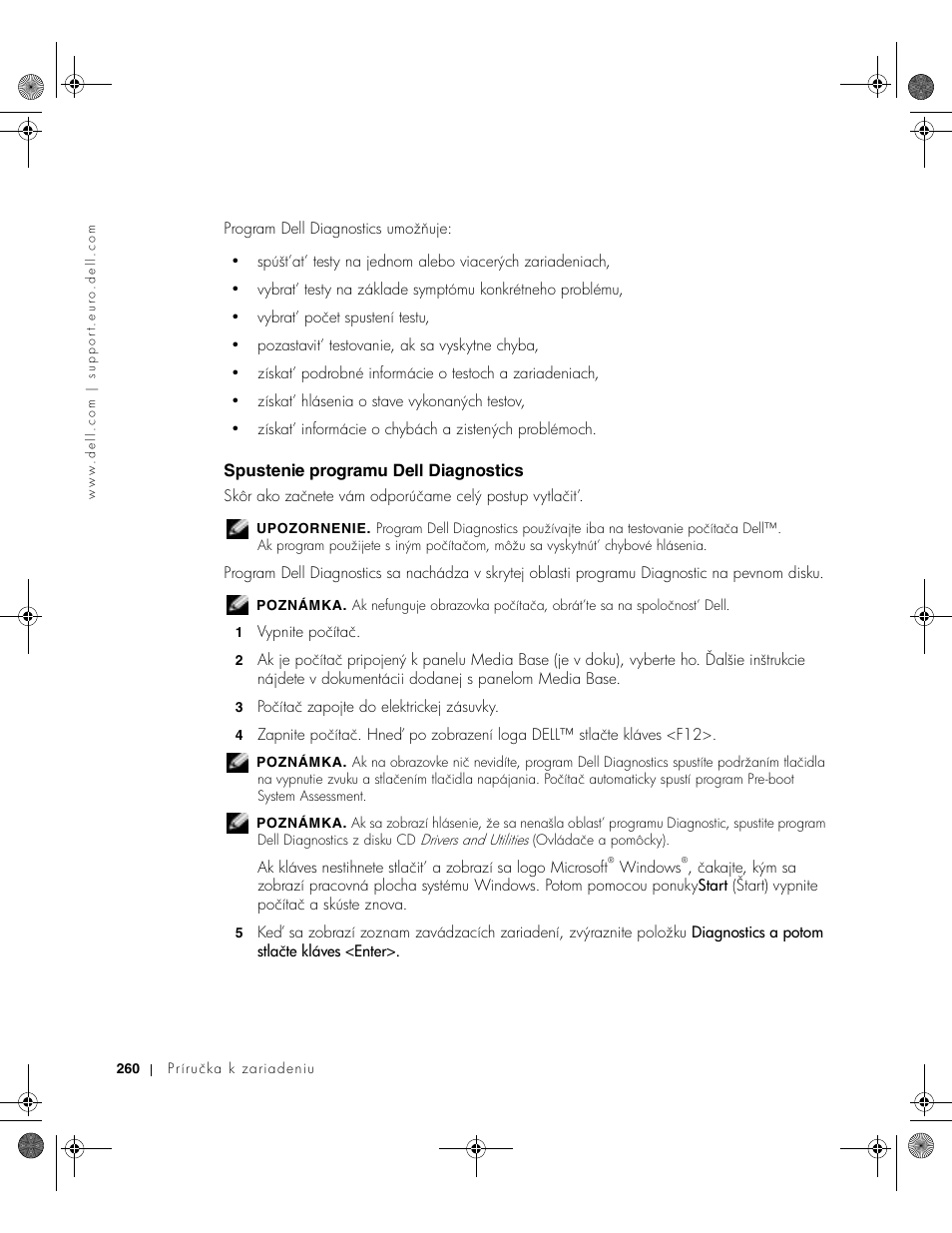 Spustenie programu dell diagnostics | Dell Latitude X300 User Manual | Page 262 / 346