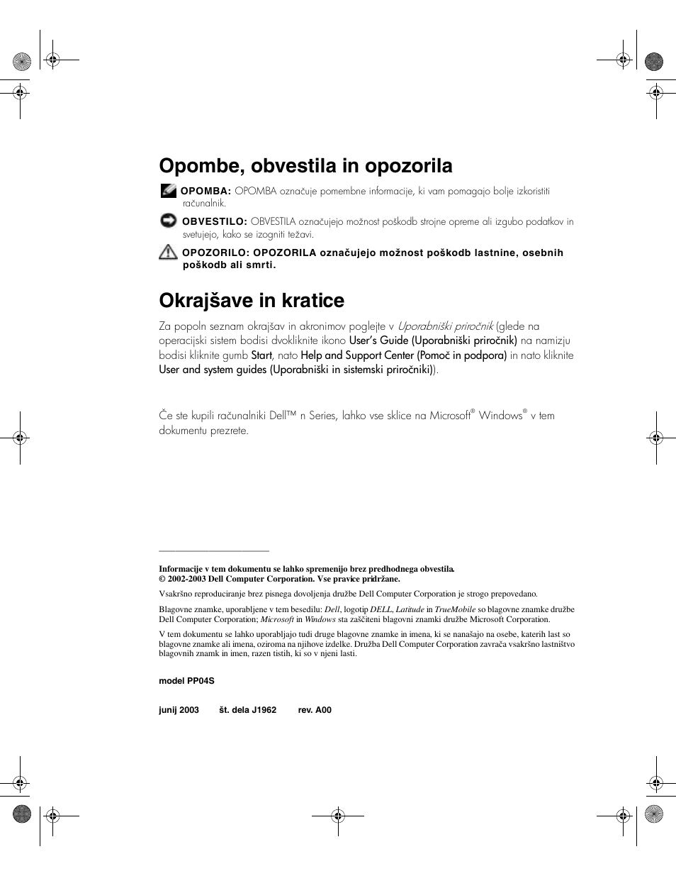 Opombe, obvestila in opozorila, Okrajšave in kratice | Dell Latitude X300 User Manual | Page 268 / 346