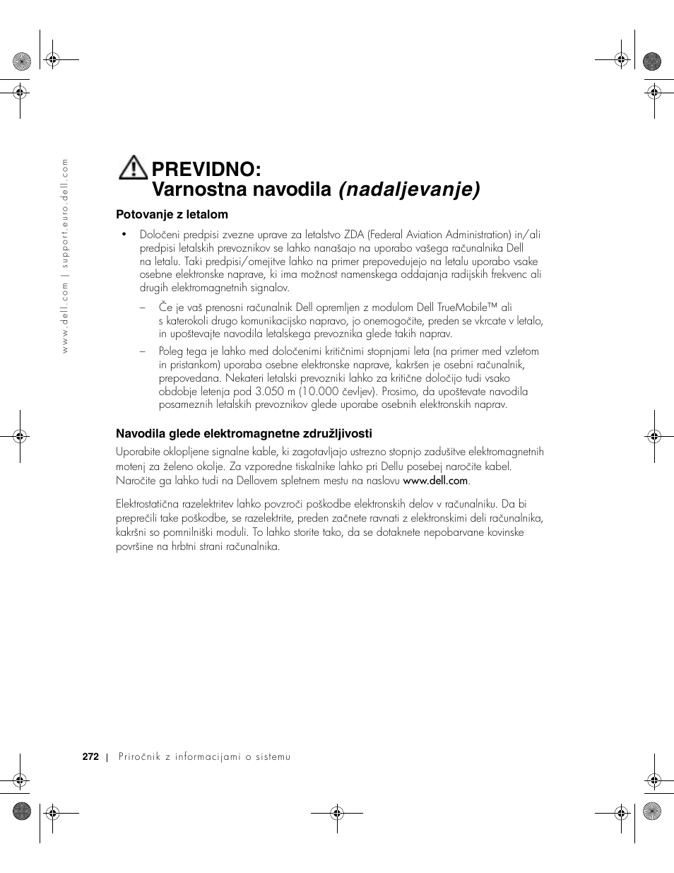 Potovanje z letalom, Navodila glede elektromagnetne združljivosti, Previdno: varnostna navodila (nadaljevanje) | Dell Latitude X300 User Manual | Page 274 / 346