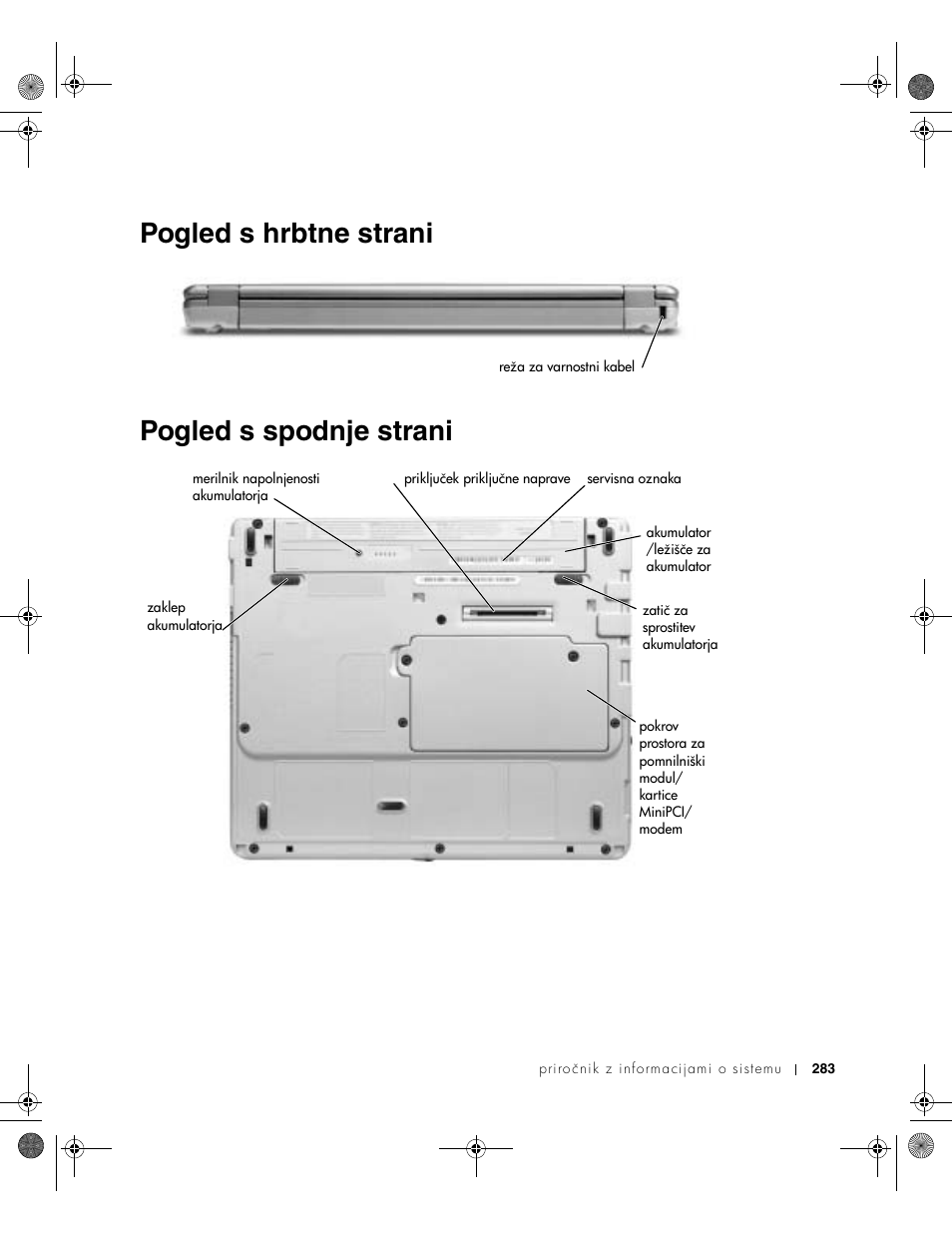 Pogled s hrbtne strani, Pogled s spodnje strani, Pogled s hrbtne strani pogled s spodnje strani | Dell Latitude X300 User Manual | Page 285 / 346