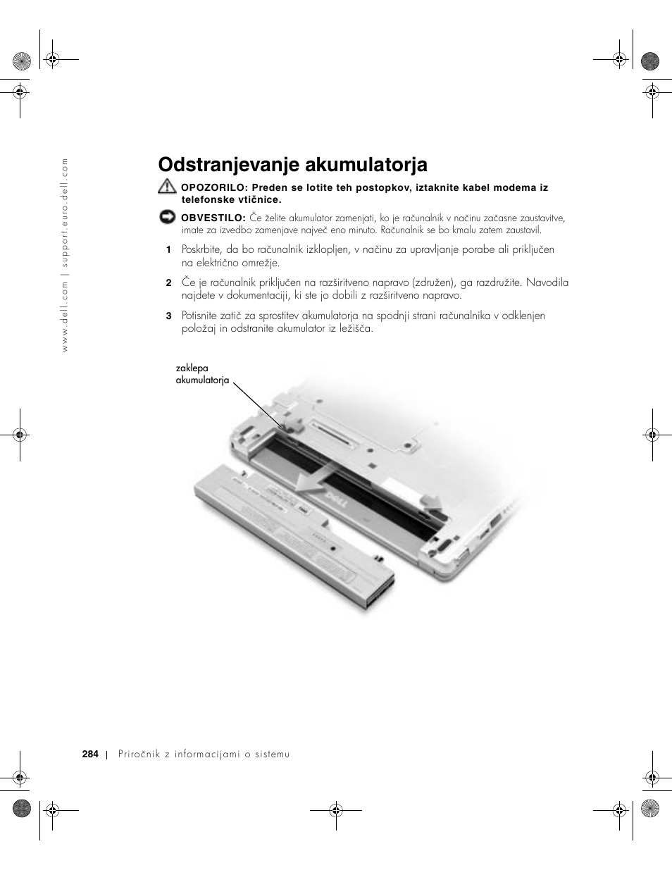 Odstranjevanje akumulatorja | Dell Latitude X300 User Manual | Page 286 / 346