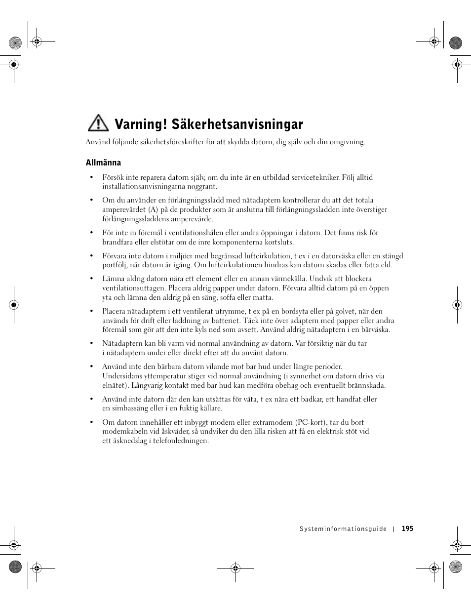 Varning! säkerhetsanvisningar, Allmänna | Dell Latitude X300 User Manual | Page 297 / 346