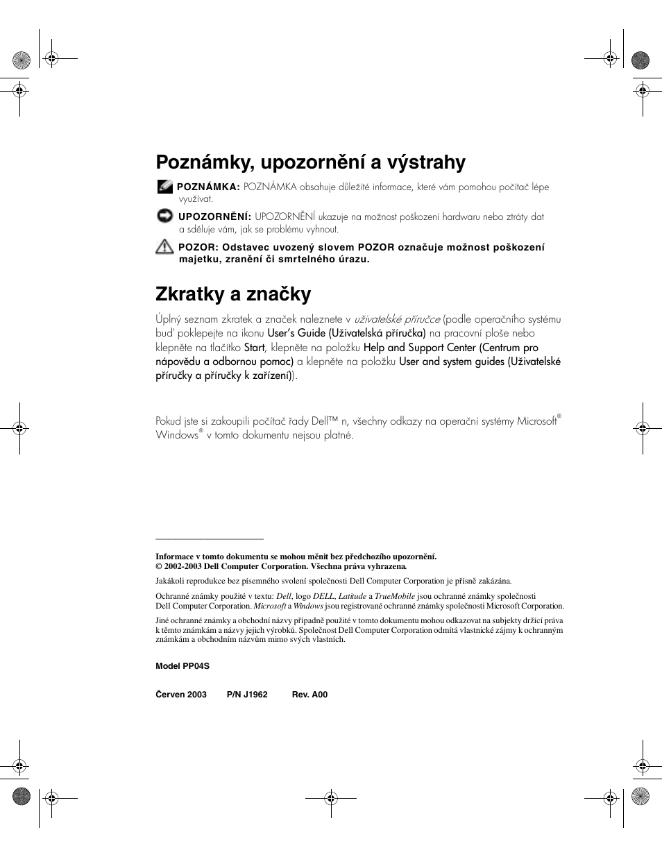 Poznámky, upozornění a výstrahy, Zkratky a značky | Dell Latitude X300 User Manual | Page 30 / 346