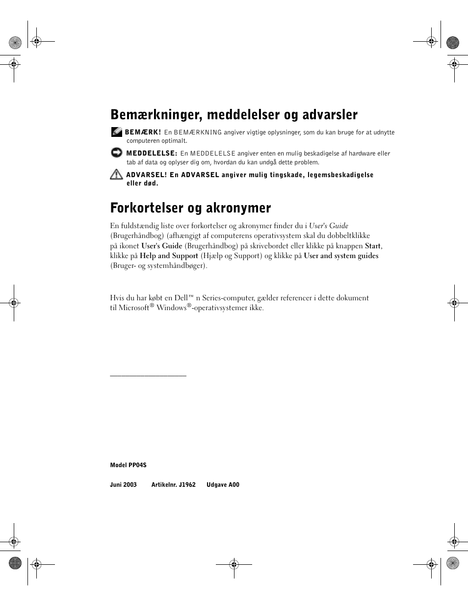 Bemærkninger, meddelelser og advarsler, Forkortelser og akronymer | Dell Latitude X300 User Manual | Page 56 / 346
