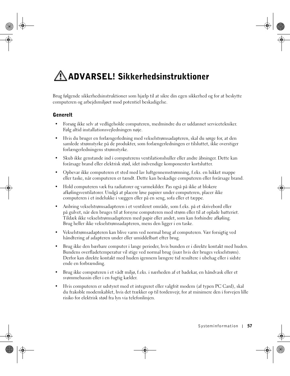Advarsel! sikkerhedsinstruktioner, Generelt | Dell Latitude X300 User Manual | Page 59 / 346