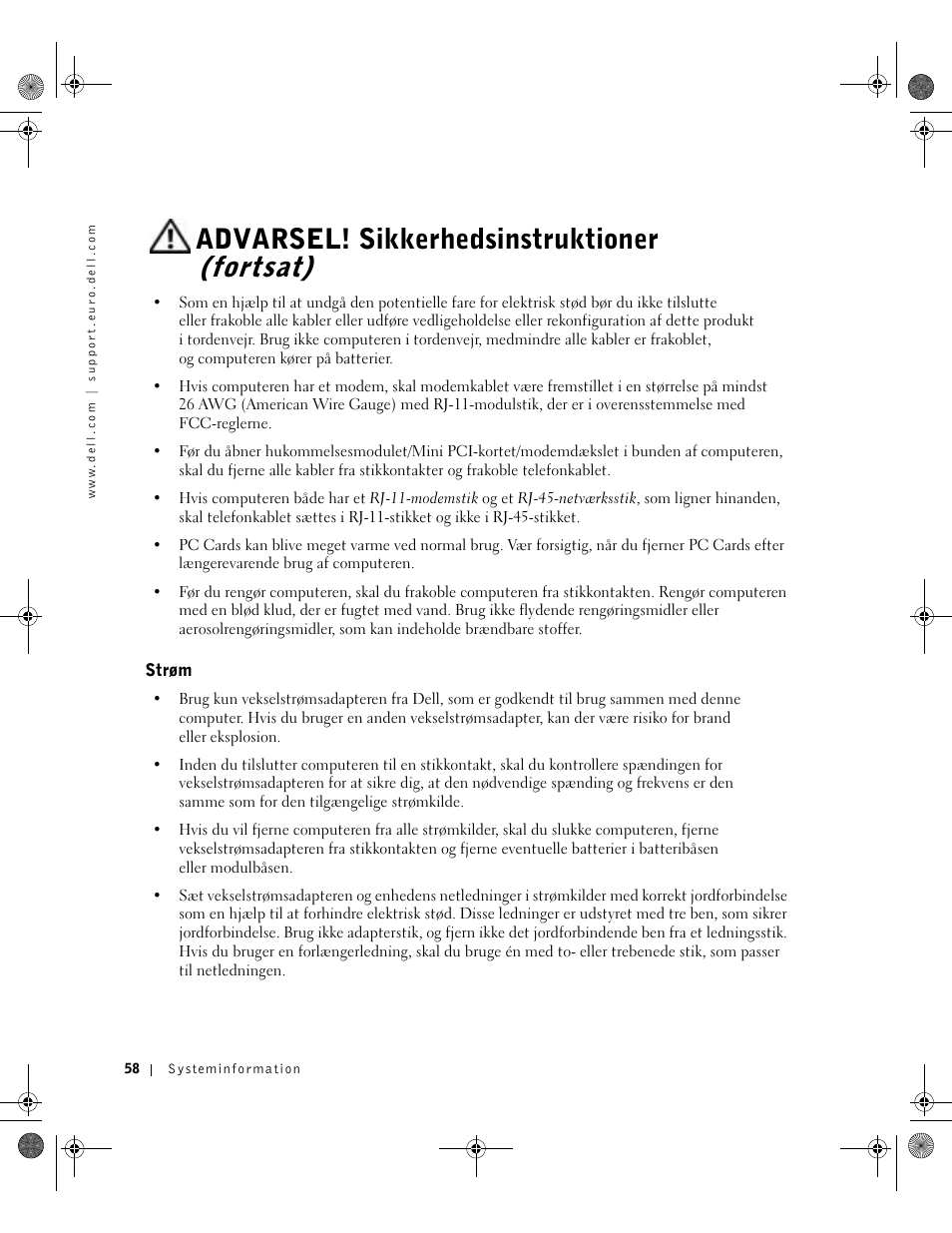 Strøm, Advarsel! sikkerhedsinstruktioner (fortsat) | Dell Latitude X300 User Manual | Page 60 / 346