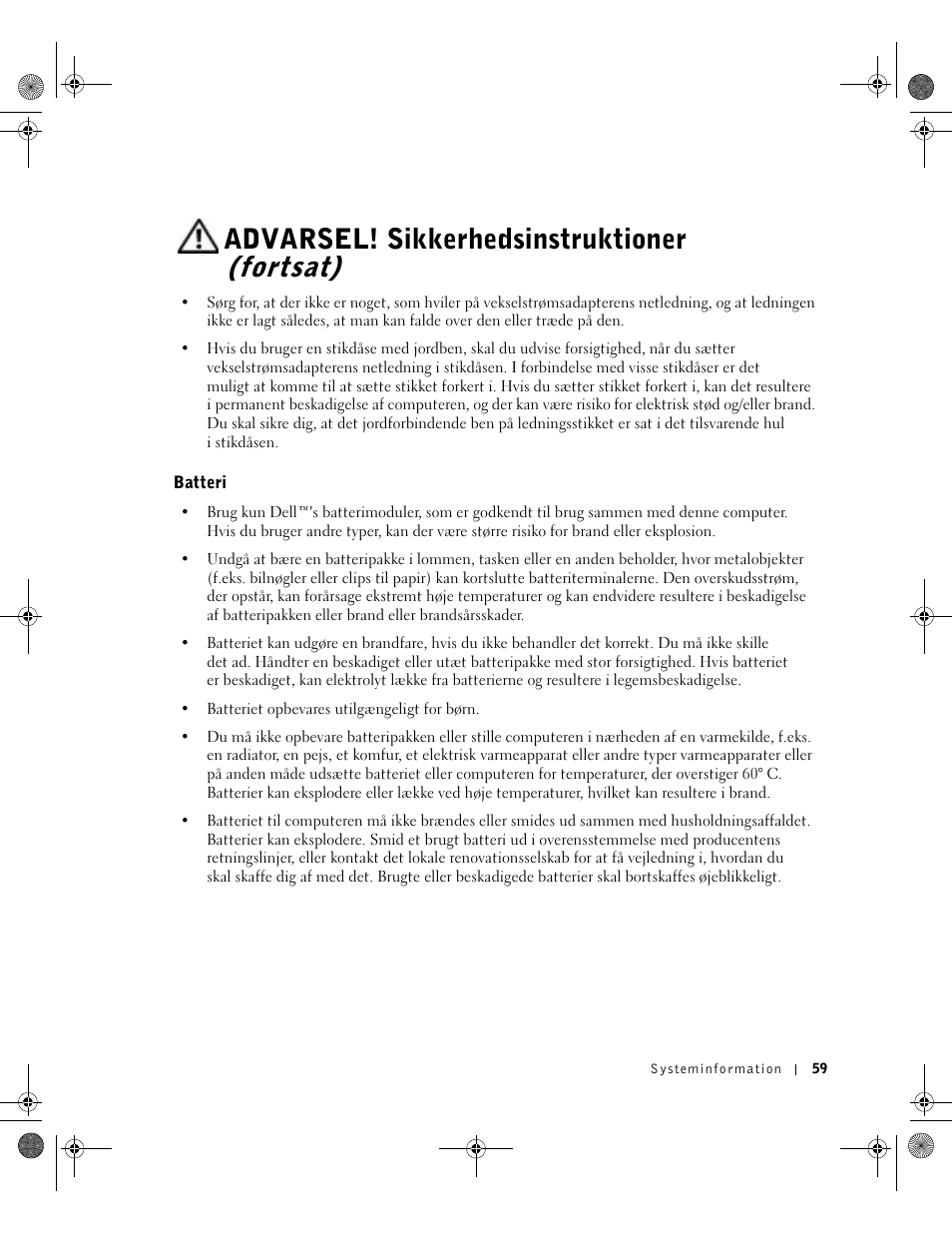 Batteri, Advarsel! sikkerhedsinstruktioner (fortsat) | Dell Latitude X300 User Manual | Page 61 / 346