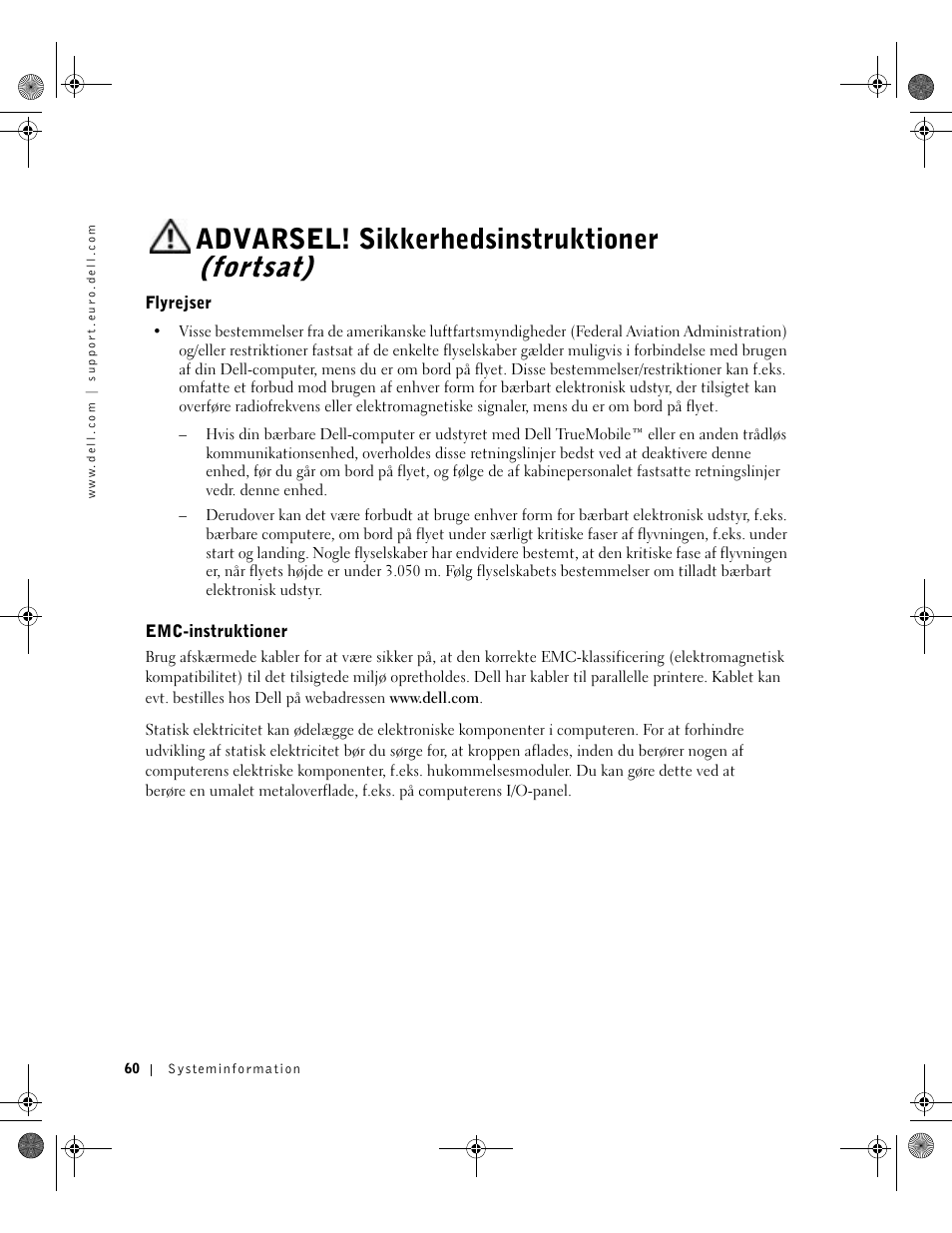 Flyrejser, Emc-instruktioner, Advarsel! sikkerhedsinstruktioner (fortsat) | Dell Latitude X300 User Manual | Page 62 / 346