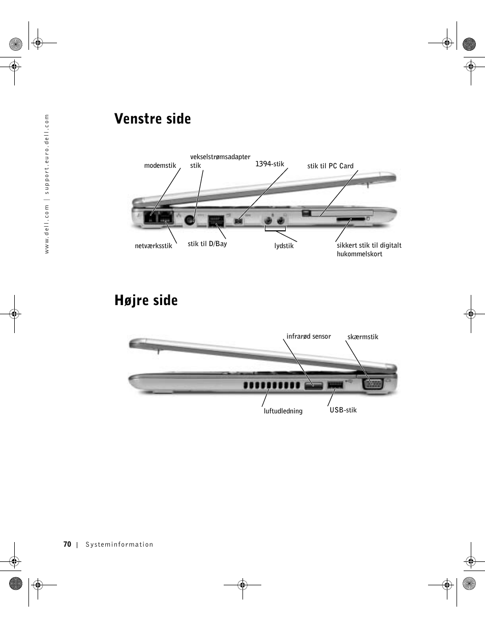 Venstre side, Højre side, Venstre side højre side | Dell Latitude X300 User Manual | Page 72 / 346
