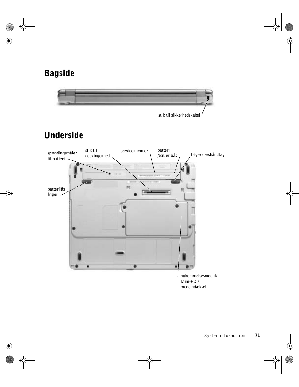 Bagside, Underside, Bagside underside | Dell Latitude X300 User Manual | Page 73 / 346