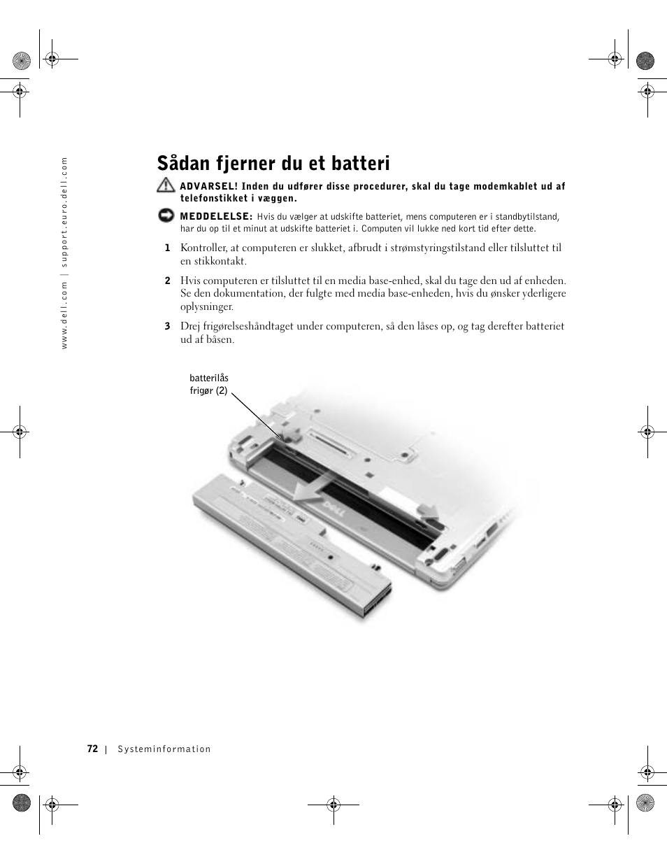 Sådan fjerner du et batteri | Dell Latitude X300 User Manual | Page 74 / 346