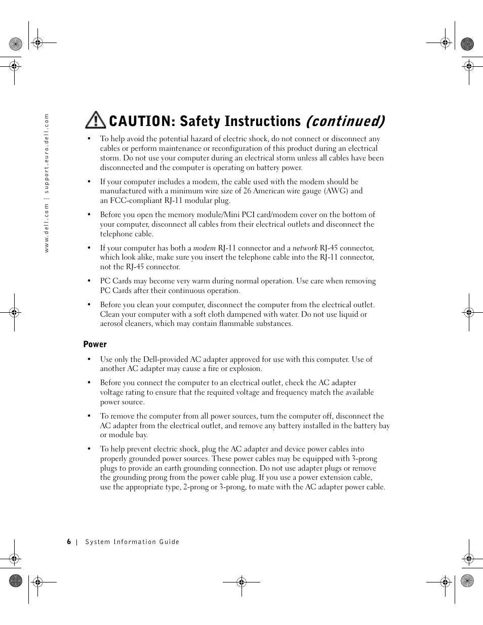 Power, Caution: safety instructions (continued) | Dell Latitude X300 User Manual | Page 8 / 346